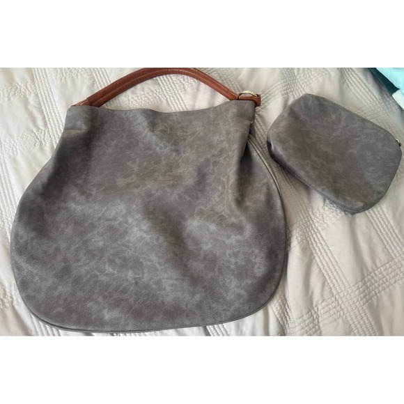 Anthropologie Slouchy Suede Like Gray Tote With Matching Anthropologie Pouch - Picture 2 of 12